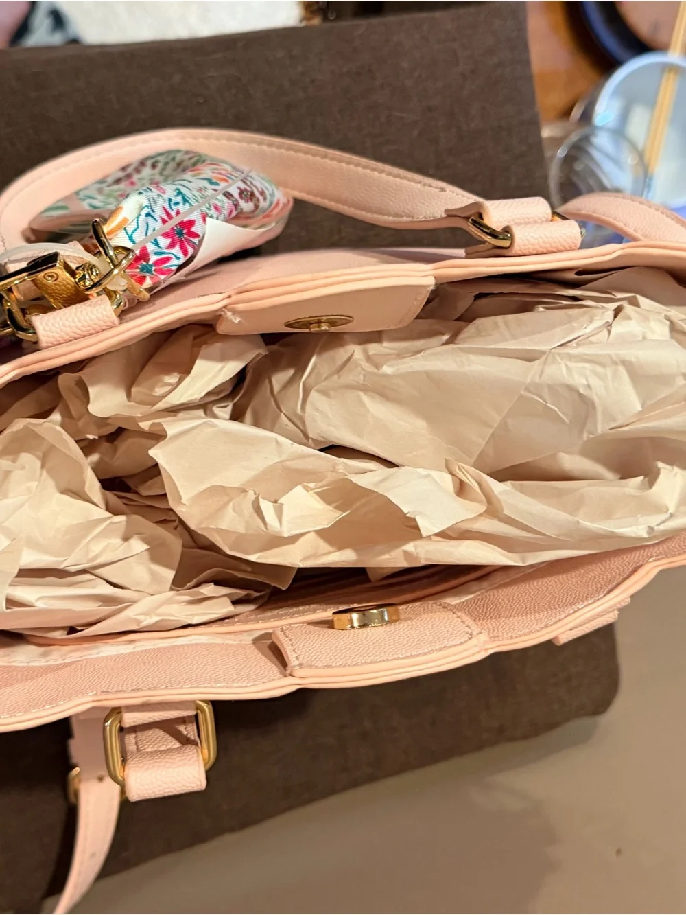 Betsey Johnson Light Pink Bucket Shoulder Bag with Floral Scarf Tie